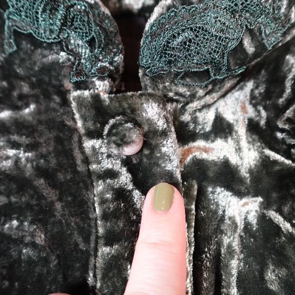 Anna Sui Dress Womens 4 Mini Silk Velvet Trim Patterned Textured Green Long Slv - Picture 3 of 11